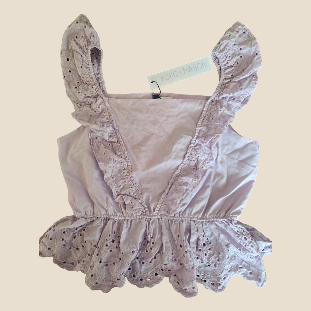 Koko+Mason Lavender Eyelet Peplum Sleeveless Ruffle‎ Blouse Purple Women Small